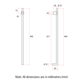 Thermoril Verticle Towel Bar Thin/Round 900x45x800mm 240V - Brushed Nickel (15Watt)